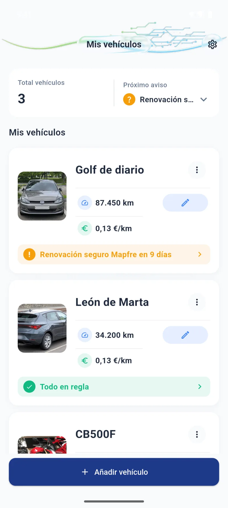 App My Healthy Car mostrando tres vehículos con su coste por kilómetro y su puntuación de salud