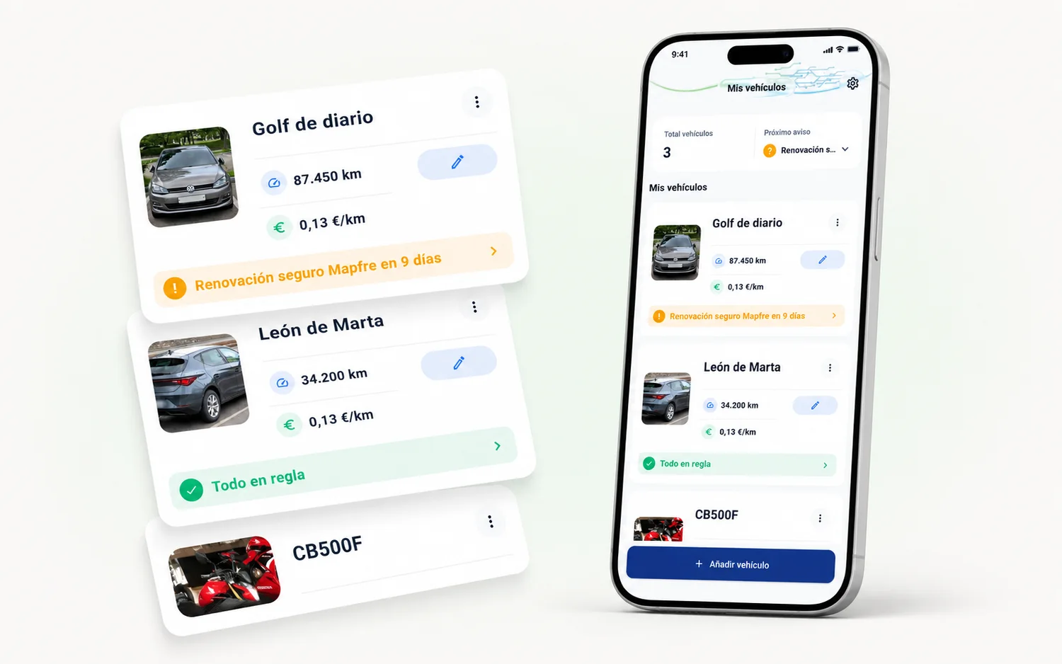 Las tarjetas del Golf, el León y la CB500F en cascada junto al móvil con la lista de vehículos