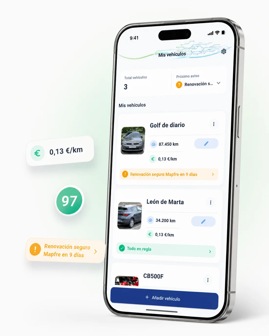 My Healthy Car en un iPhone: tres vehículos con su kilometraje, coste por kilómetro, score de 97 y una alerta de renovación del seguro