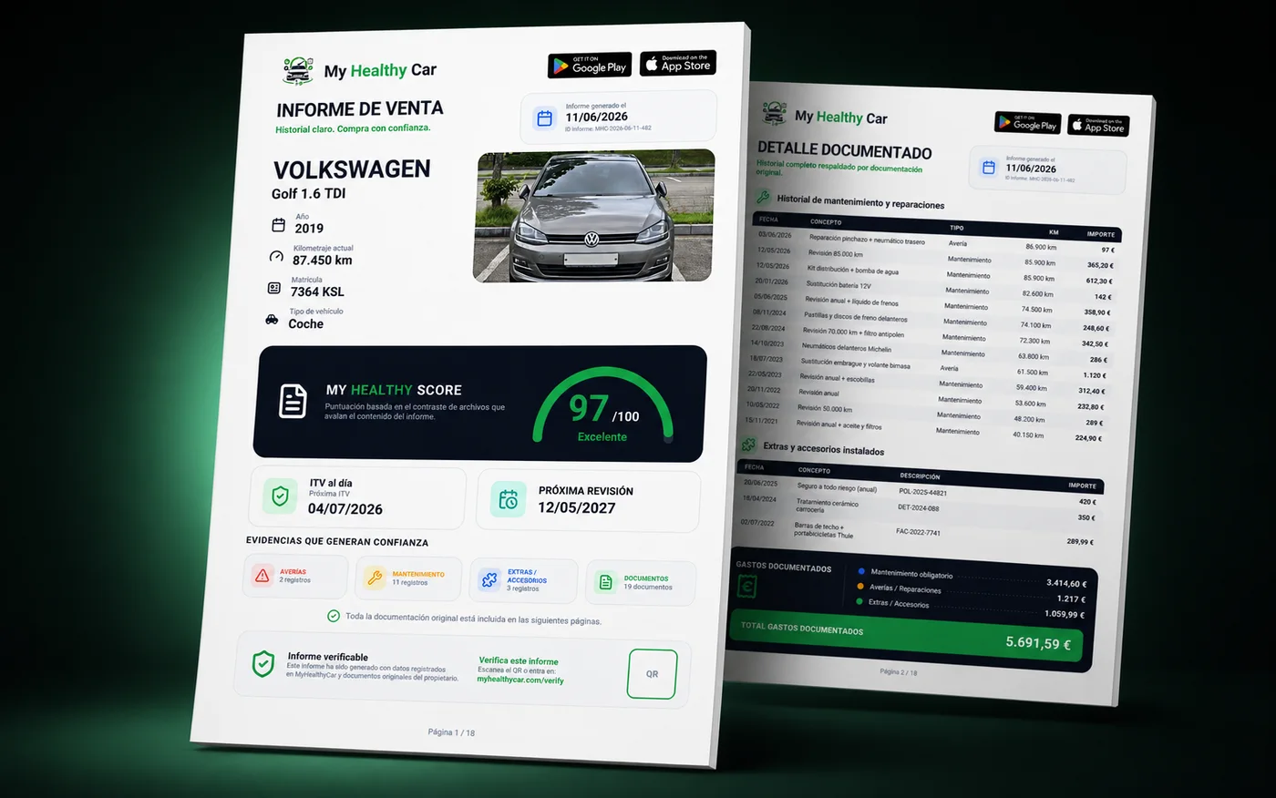 Las dos primeras páginas del informe de venta de My Healthy Car flotando: datos del vehículo, MyHealthy Score de 97 sobre 100 e historial documentado