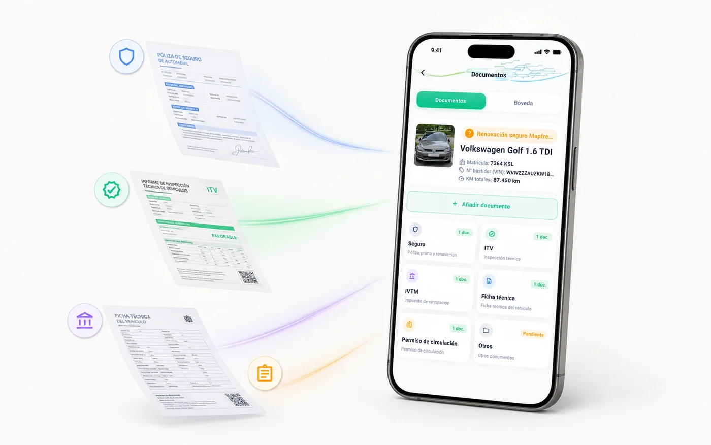 Documentos del coche volando ordenadamente hacia la bóveda de la app