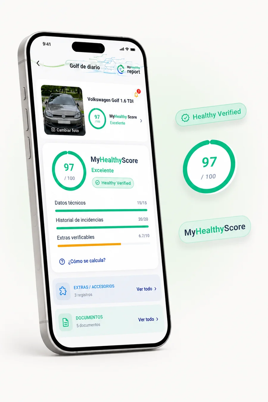 Desglose del MyHealthy Score en la app: 97 sobre 100, sello Healthy Verified y los bloques puntuados