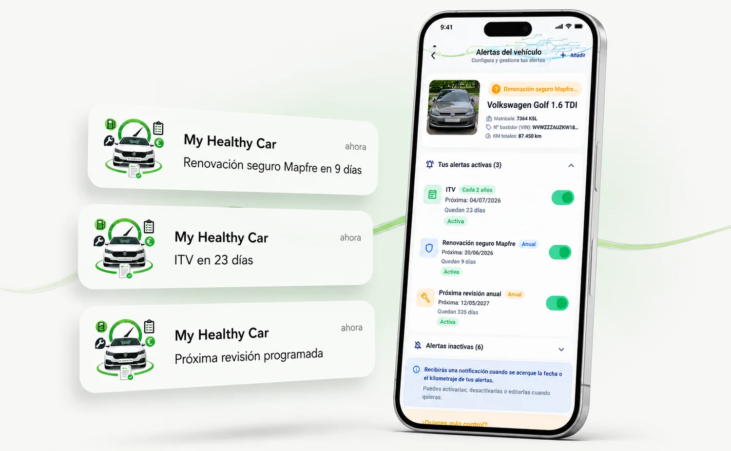 Notificaciones de My Healthy Car (seguro, ITV y revisión) junto a la pantalla de alertas del vehículo