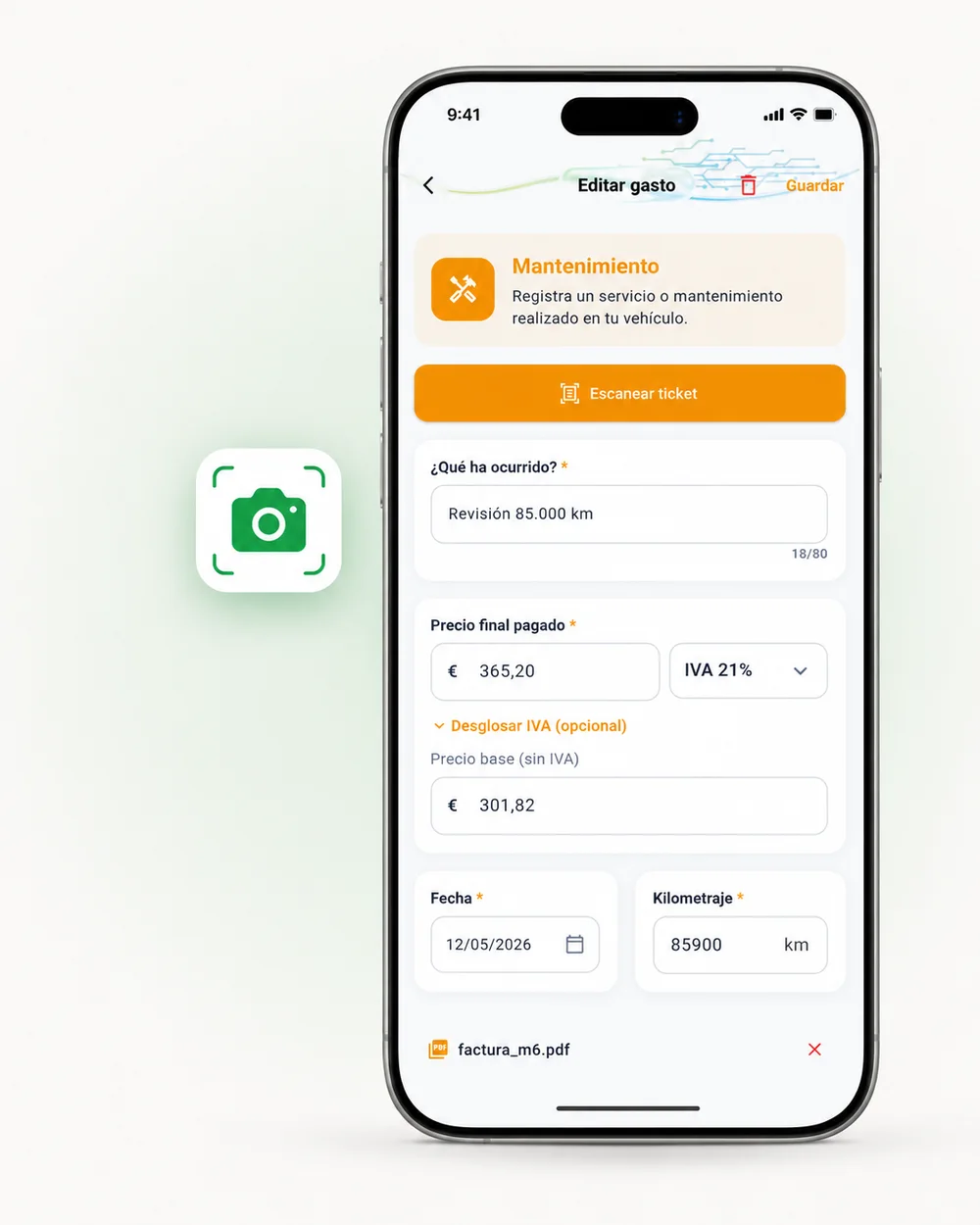 Pantalla de crear gasto con el botón Escanear ticket
