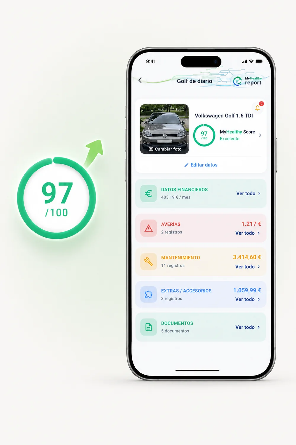 El detalle del vehículo con el MyHealthy Score de 97 subiendo